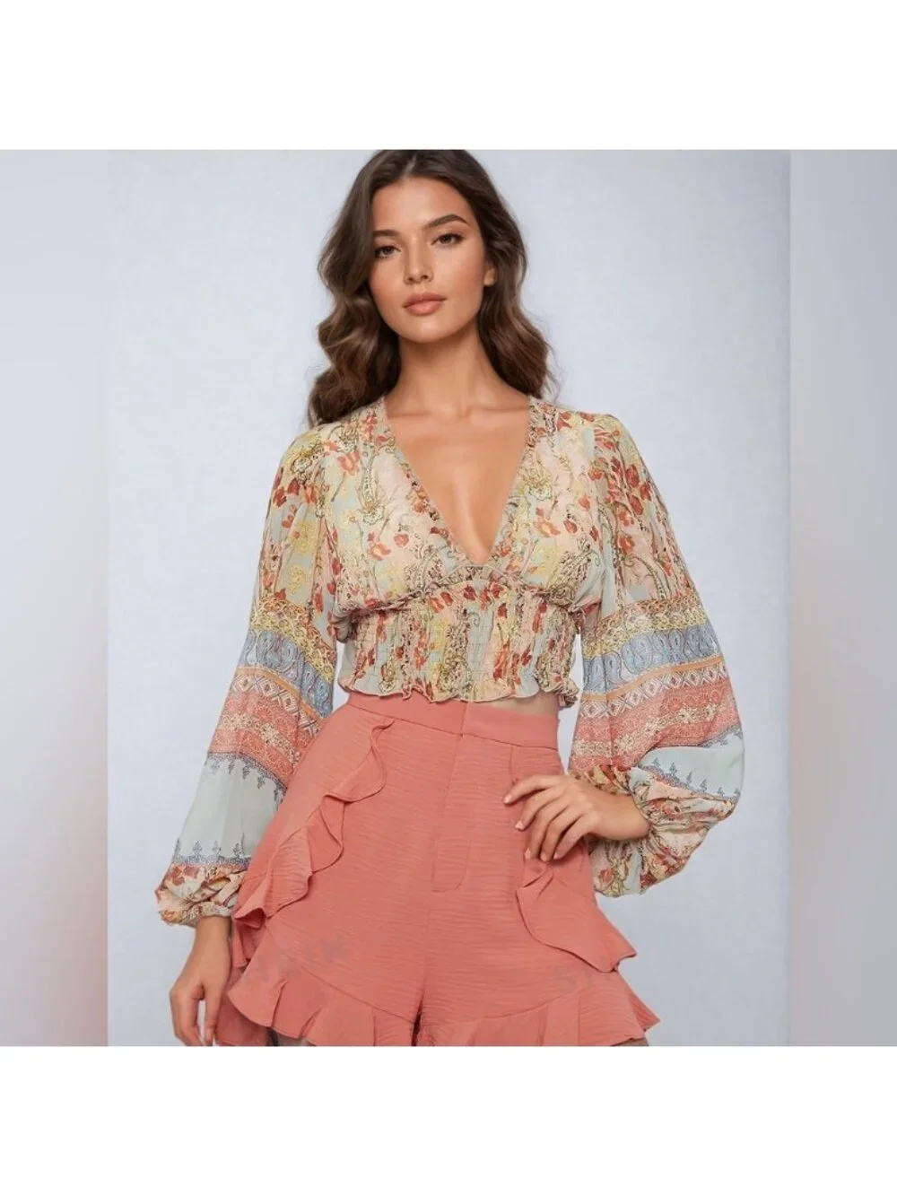 Lantern Sleeve Frilled Shirred Panel Floral & Paisley Print Top - Picture 2 of 10